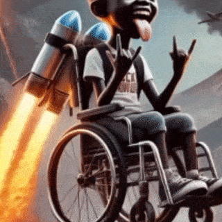 A Cartoon Character In A Wheelchair With A Rocket On His Back Giving The Middle Finger . GIF