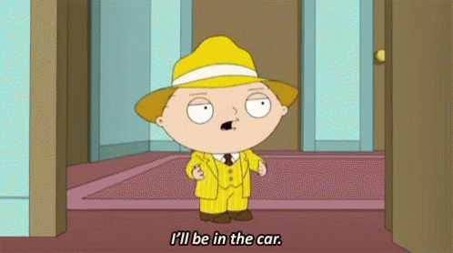 A Cartoon Character In A Yellow Suit And Hat Says I 'Ll Be In The Car GIF
