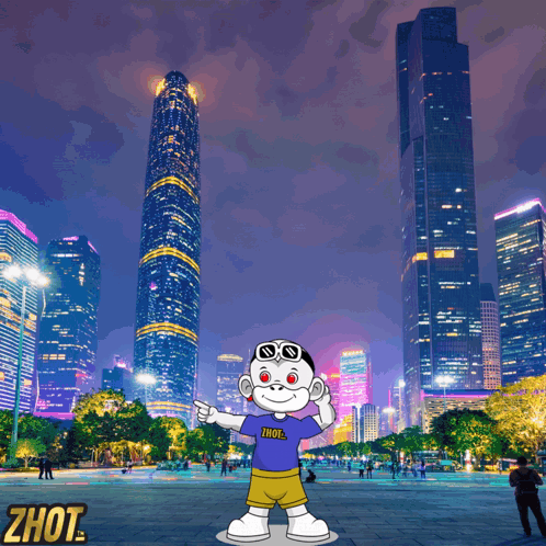 A Cartoon Character In Front Of A City Skyline With The Word Zhout On The Bottom Left GIF