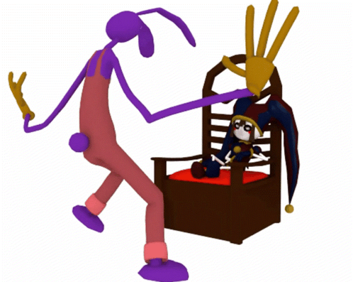 A Cartoon Character In Purple Overalls Is Standing Next To A Chair GIF