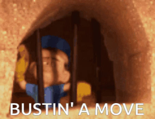 A Cartoon Character Is Behind Bars With The Words Bustin ' A Move Written Below Him GIF