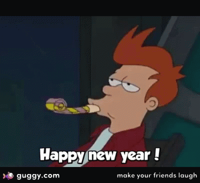 A Cartoon Character Is Blowing A Party Horn And Saying Happy New Year . GIF