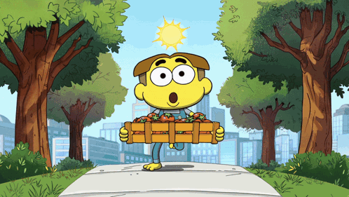 a cartoon character is carrying a box of tomatoes on a sidewalk