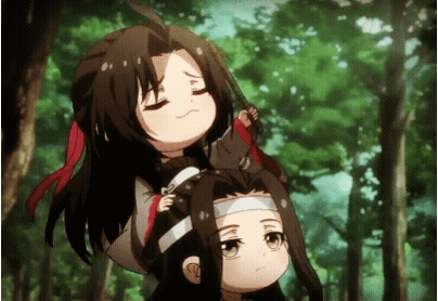 A Cartoon Character Is Carrying Another Cartoon Character On His Shoulders In The Woods . GIF