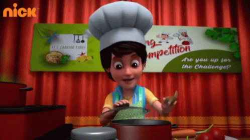A Cartoon Character Is Cooking In Front Of A Sign That Says Cooking Competition GIF
