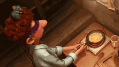 A Cartoon Character Is Cooking On A Stove With A Mouse On Her Head GIF