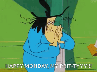 A Cartoon Character Is Covering His Mouth With His Hands And Saying `` Happy Monday , My Pritty ! '' GIF