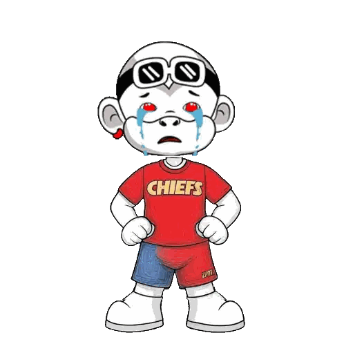 a cartoon character is crying and wearing a red shirt that says chiefs