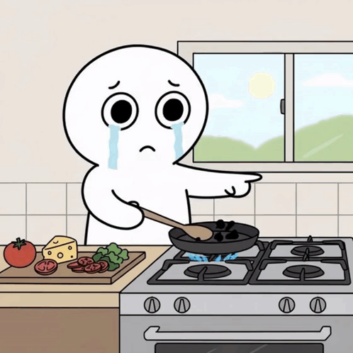 A Cartoon Character Is Crying While Cooking On A Stove Top GIF