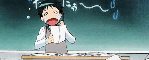A Cartoon Character Is Crying While Holding A Piece Of Paper In Front Of A Blackboard GIF