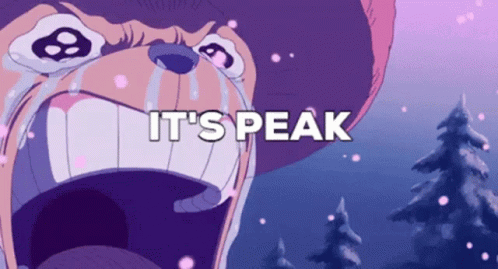 A Cartoon Character Is Crying With The Words " It 'S Peak " Above His Mouth GIF