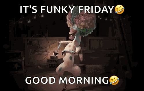 A Cartoon Character Is Dancing In A Dark Room And Says It 'S Funky Friday Good Morning . GIF