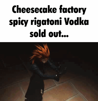A Cartoon Character Is Dancing In A Dark Room With The Words `` Cheesecake Factory Spicy Rigatoni Vodka Sold Out ... '' GIF