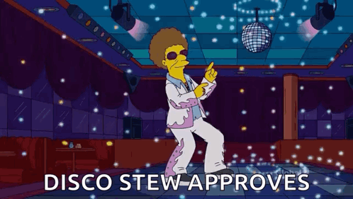 A Cartoon Character Is Dancing In A Disco With The Words Disco Stew Approves GIF