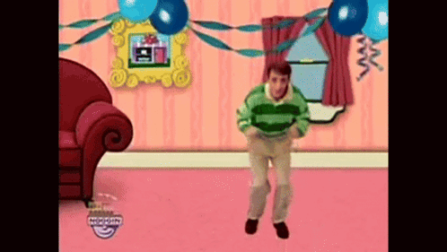 A Cartoon Character Is Dancing In A Living Room With Balloons And Ribbons . GIF