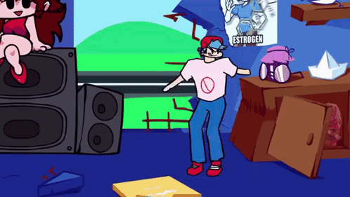 A Cartoon Character Is Dancing In A Room With A Poster That Says Estrogen On It GIF