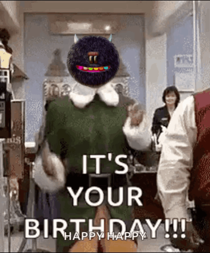 A Cartoon Character Is Dancing In A Room With The Words It 'S Your Birthday Happy Happy . GIF