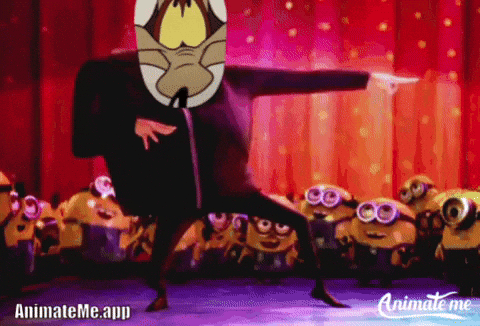 A Cartoon Character Is Dancing In Front Of A Crowd Of Minions GIF