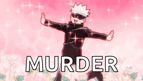 A Cartoon Character Is Dancing In Front Of A Pink Background With The Words `` Murder '' . GIF