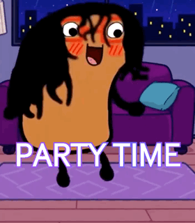 A Cartoon Character Is Dancing In Front Of A Purple Couch With The Words Party Time Above It GIF