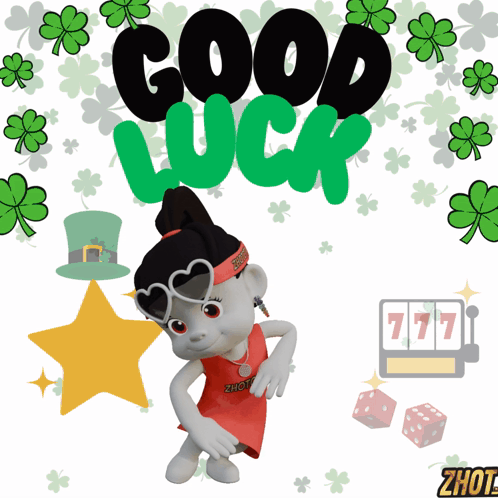A Cartoon Character Is Dancing In Front Of A Sign That Reads Good Luck GIF