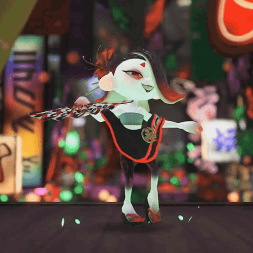A Cartoon Character Is Dancing In Front Of A Sign That Says ' Noodles ' On It GIF