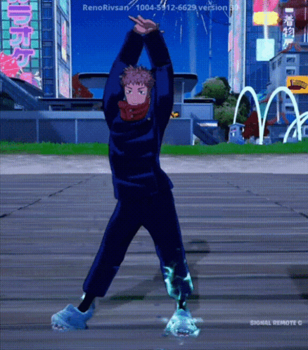 A Cartoon Character Is Dancing In Front Of A Sign That Says Renorivsan On It GIF