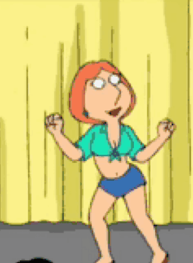 A Cartoon Character Is Dancing In Front Of A Yellow Curtain GIF