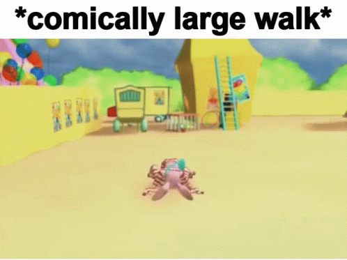 A Cartoon Character Is Dancing In Front Of Balloons And A Sign That Says * Comically Large Walk * GIF