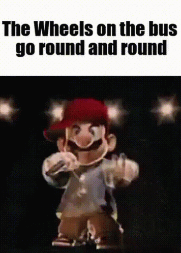 A Cartoon Character Is Dancing On A Stage With The Words `` The Wheels On The Bus Go Round And Round '' Written Above Hi GIF