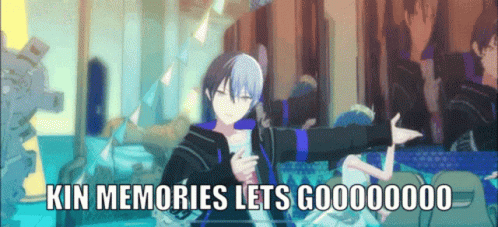 A Cartoon Character Is Dancing With The Words " Kin Memories Lets Gooooooo " Written Below Him GIF