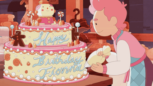 A Cartoon Character Is Decorating A Birthday Cake For Fiona GIF