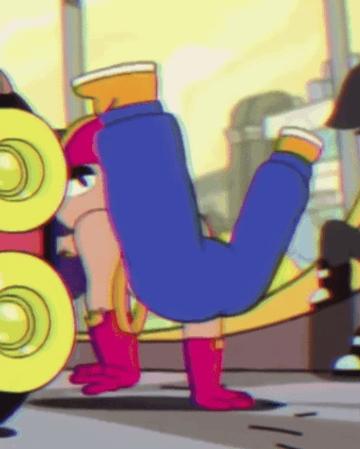 A Cartoon Character Is Doing A Handstand With A Yellow Object In The Background GIF