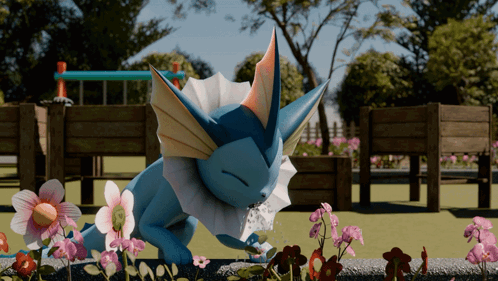 A Cartoon Character Is Drinking Water From A Flower In A Garden GIF