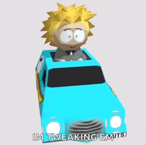 A Cartoon Character Is Driving A Blue Van With The Words Tweek Bros On The Side . GIF