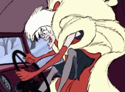 A Cartoon Character Is Driving A Car With A Fur Coat Around Her Neck GIF