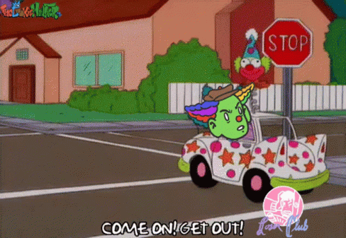 A Cartoon Character Is Driving A Car With A Stop Sign Behind It GIF