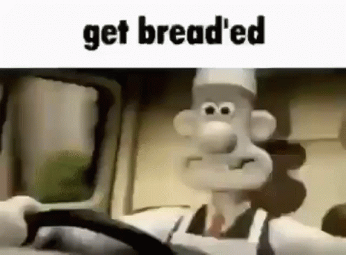 A Cartoon Character Is Driving A Car With The Words `` Get Bread 'Ed '' Written On It . GIF