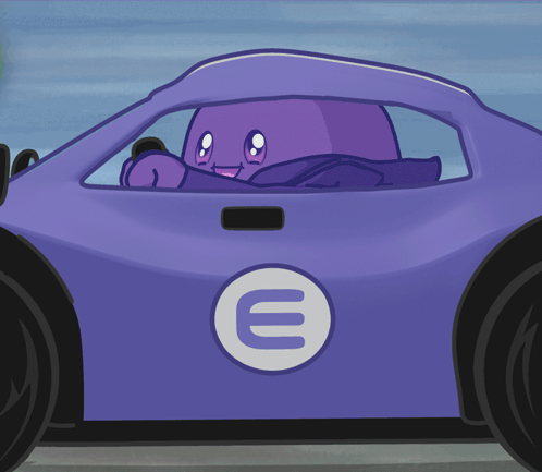 A Cartoon Character Is Driving A Purple Car With The Letter E On The Side GIF