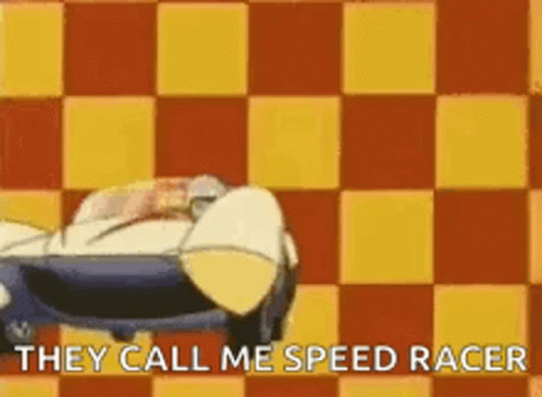 A Cartoon Character Is Driving A Race Car On A Checkered Background . GIF