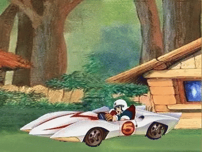A Cartoon Character Is Driving A Race Car With The Number 6 On The Front GIF