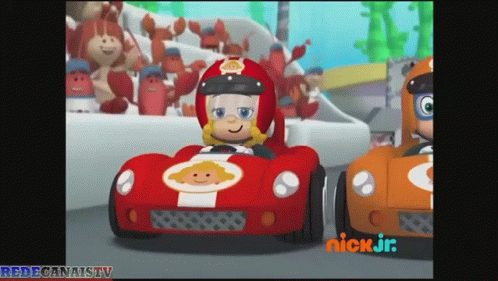 A Cartoon Character Is Driving A Red Race Car On A Race Track . GIF