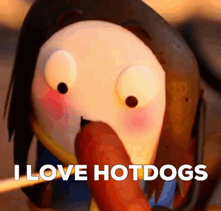 a cartoon character is eating a hot dog with the words `` i love hotdogs '' written on it .