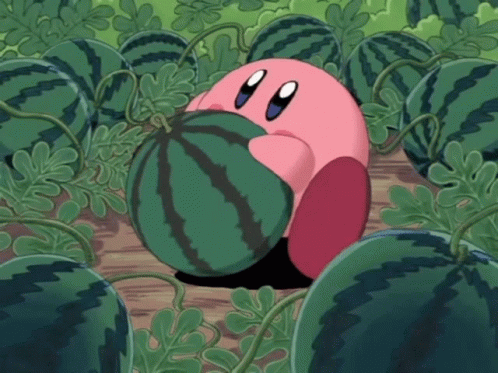 a cartoon character is eating a watermelon in a field of watermelons