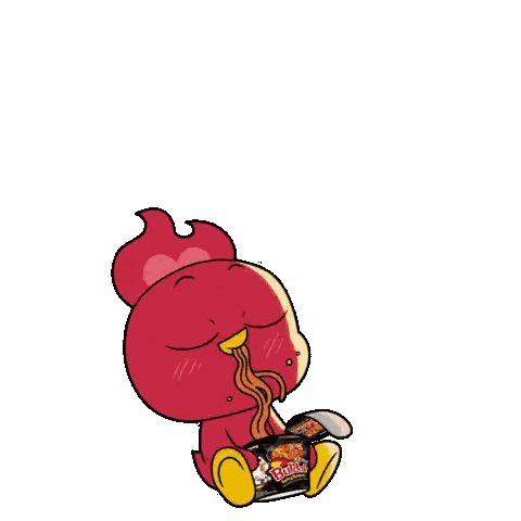 a cartoon character is eating noodles from a container that says ' chili ' on it
