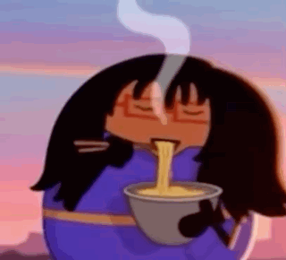 A Cartoon Character Is Eating Noodles With Chopsticks From A Bowl . GIF