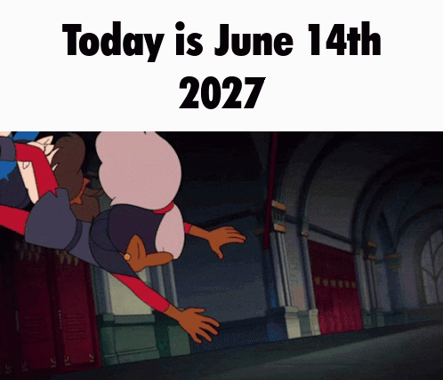 A Cartoon Character Is Falling In The Air With The Date June 14Th 2027 GIF