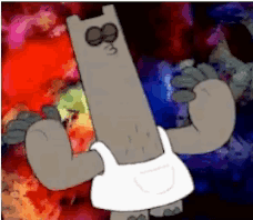 A Cartoon Character Is Flexing His Muscles In Front Of A Fire Background GIF