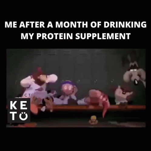 A Cartoon Character Is Flexing His Muscles With The Caption Me After A Month Of Drinking My Protein Supplement GIF