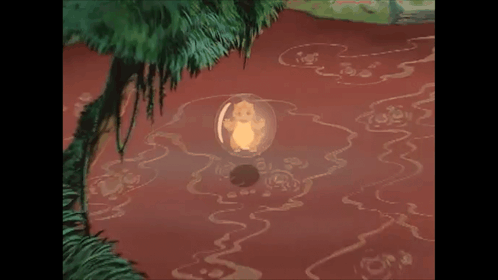 A Cartoon Character Is Floating In A Bubble In The Middle Of A River . GIF